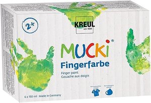 Kreul 2316 - Mucki leuchtkräftige Fingerfarbe, 6 x 150 ml in gelb, rot, blau, grün, weiß und schwarz