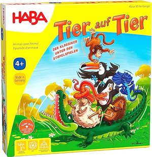Haba 4478 - Tier auf Tier, Stapelspiel für 2-4 Spieler ab 4 Jahren, mit Tierfiguren aus Holz, auch s