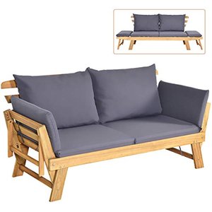 COSTWAY Gartenbank mit Liegefunktion, Gartensofa mit Auflagen und klappbaren Armlehne