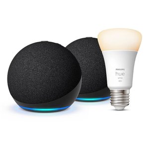 Echo Dot (5. Generation) |Anthrazit, 2er pack + Philips Hue Smart Bulb (E27), Funktionert mit Alexa 