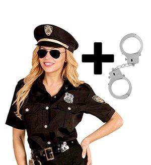 shoperama Damen Kostüm Police Officer Bluse + Mütze + gratis Handschellen Cop Polizistin JAG, Größe: