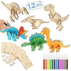tiopeia 12 Stück Dinosaurier Holz Bastelset für Kinder Drachen Geburtstag,3D Puzzle Holz zum Bemalen