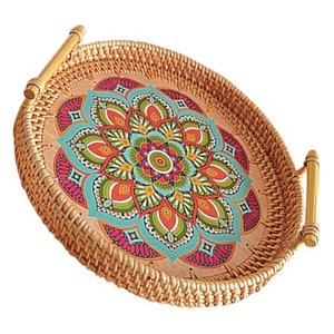 MAGICLULU Couchtisch-Tablett Rundes Rattan-Tablett Mit Mandala-Muster Gewebte Serviertabletts Boho