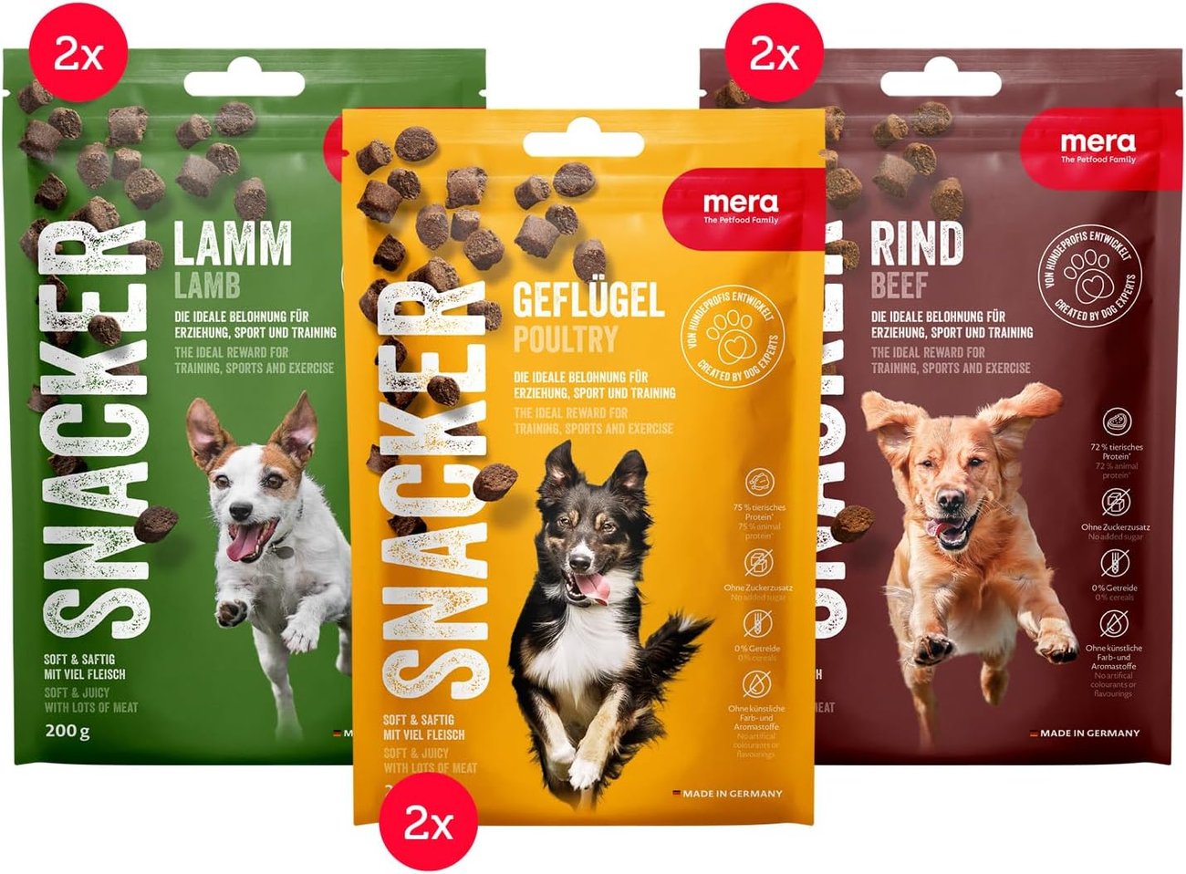 MERA Snacker Mix-Pack ohne Getreide (6 x 200g), herzhaft softe Hundeleckerli für Training oder als S
