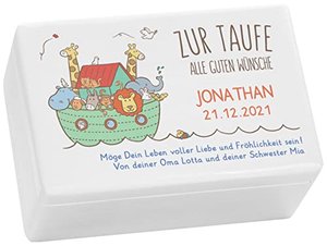 LAUBLUST Holzkiste zur Taufe - Arche Noah Farbmotiv - Personalisiertes Taufgeschenk - ca. 30 x 20 x 