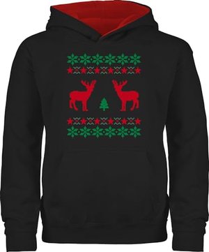 Shirtracer - Norweger Pixel Rentier Weihnachten - 152 (12/13 Jahre) - Schwarz/Rot - Kinder Hoodie