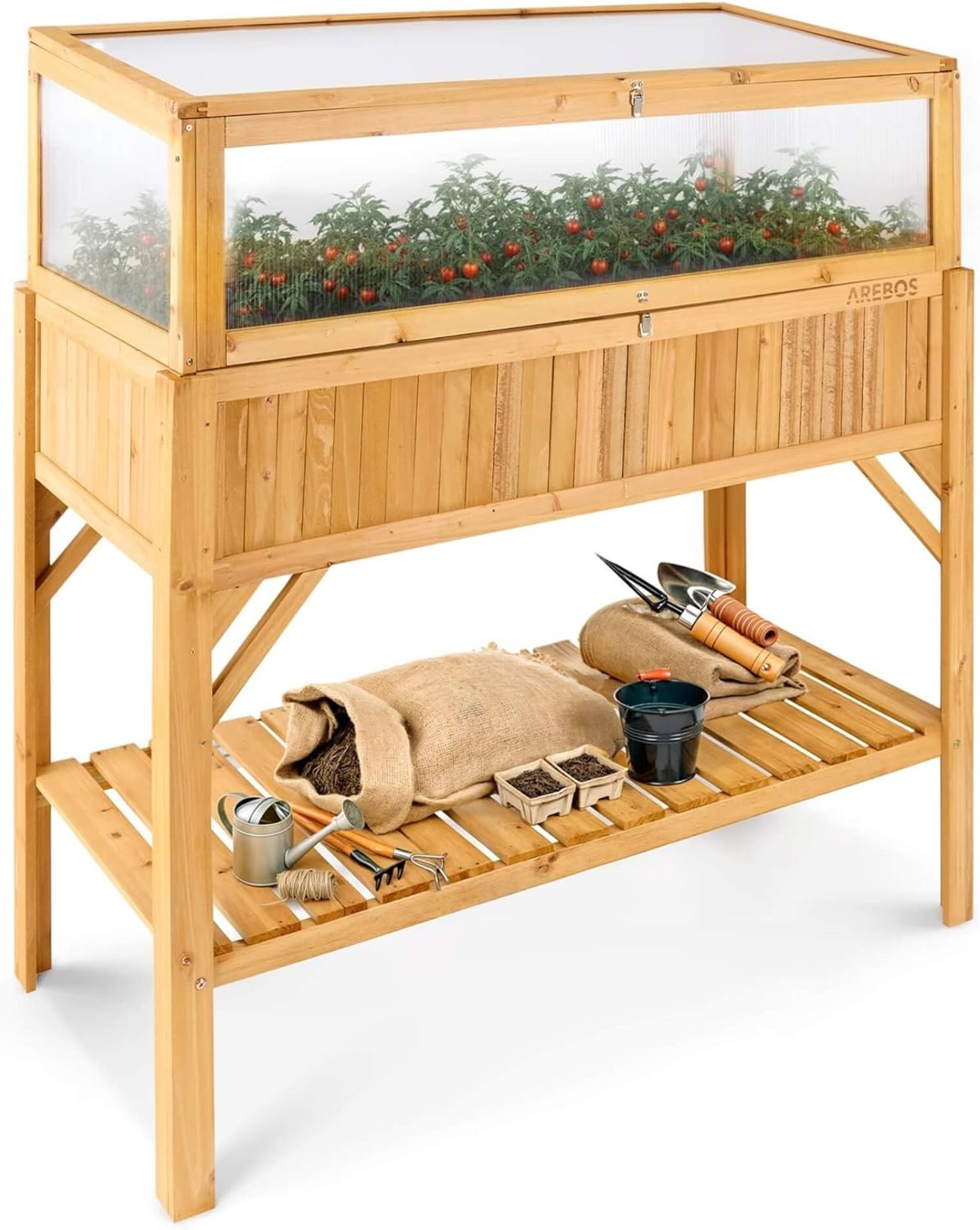 Arebos - Hochbeet aus Holz mit Frühbeet-Aufsatz und Ablagefach