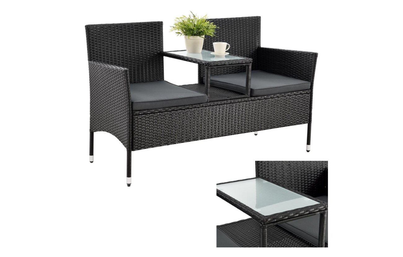 Juskys Polyrattan Gartenbank Monaco - 2-Sitzer Bank mit Tisch & Kissen