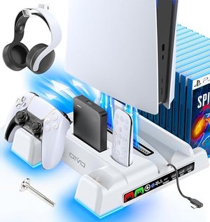 PS5/PS5 Slim/PS5 Pro Ständer mit 3-stufigem Lüfter und Licht, PS5 Standfuß mit 4 USB Ports und mehr