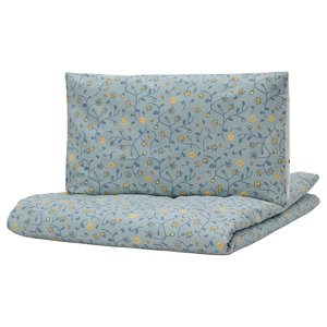 GULDVÄVARE Bettwäsche-Set f Babybett, 2-teilig - blau/weiß Blumenmuster 110x125/35x55 cm