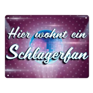 Hier wohnt ein Schlagerfan Metallschild XL in 21x28 cm mit Discokugel witziges Blechschild als Gesch