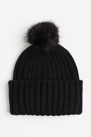 Gerippte Beanie mit Bommel - Schwarz - Damen