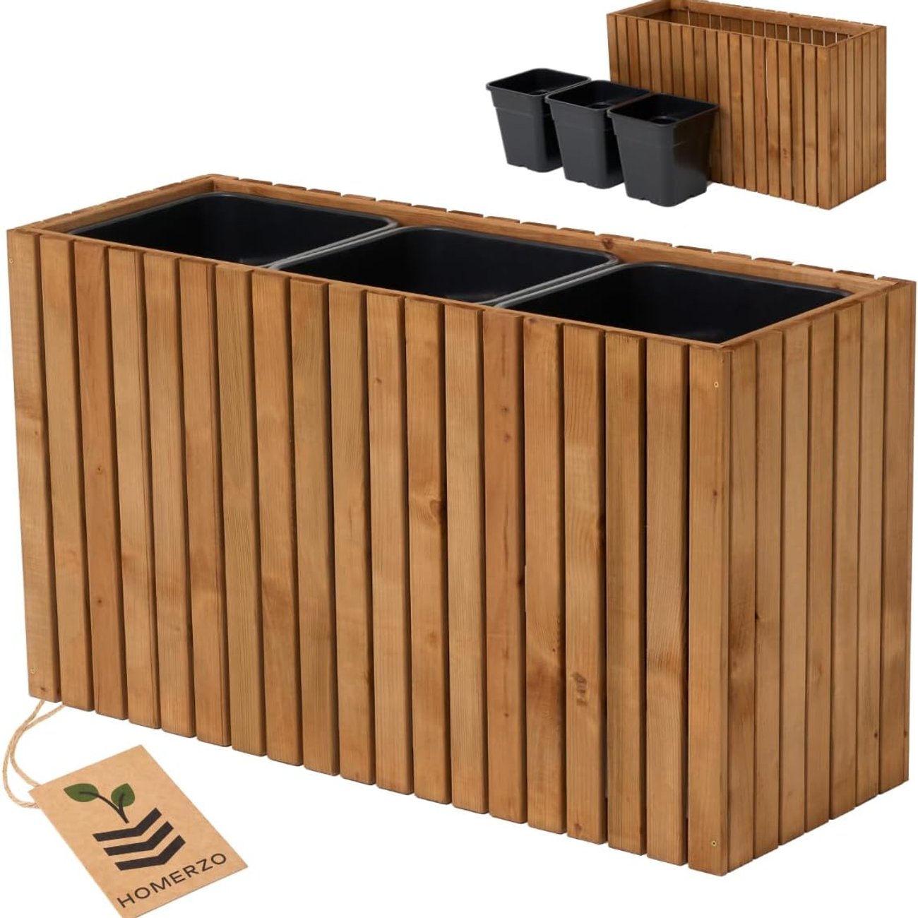HOMERZO Blumenkasten für innen und außen Pflanzen-Übertopf aus Holz mit Kunststoff-Pflanzeneinsatz