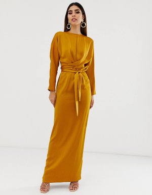 Satin-Maxikleid mit Fledermausärmeln und Wickeldesign an der Taille | ASOS