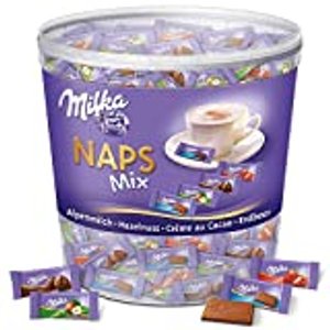 Milka Naps Mix - Zartschmelzende Mini-Schokoladentäfelchen aus Alpenmilch, Erdbeer, Haselnuss und Cr