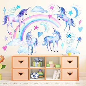 WandSticker4U- Aquarell Wandtattoo EINHORN & REGENBOGEN 105x90 cm