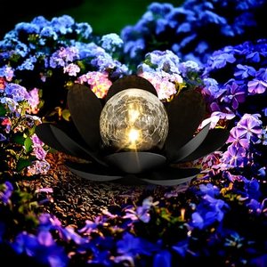 LED Solar Lotusblüte schwarz mit Crackleglas Kugel - 24 x 10 cm