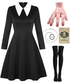 Mrsclaus Halloween Kostüm Set für addams Family mit Thing Hand Kniestrümpfe Schwarz Kleid Damen Fasc