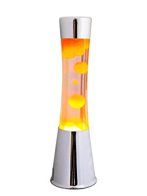 Verchromte Lavalampe 40cm Transparente Flüssigkeit Magma Orange. Metall und Kristall