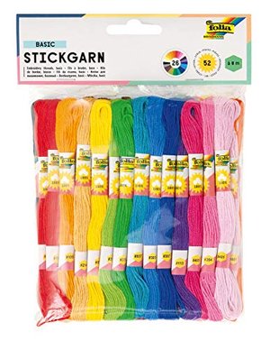 folia 23991 - Stickgarn Basic, 100 % Baumwolle, 52 Docken à 8 m in 26 Farben sortiert, zum Sticken, 