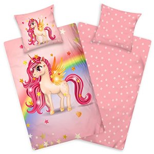 Aminata Kids Bettwäsche Kinder 135x200 Mädchen Einhorn Baumwolle