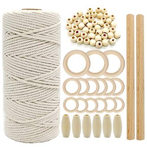 Makramee-Set, 3 mm Schnur, 50 Holzperlen, 15 Holzringe, 2 Holzstäbchen, für Wandbehang, DIY, 100 m l