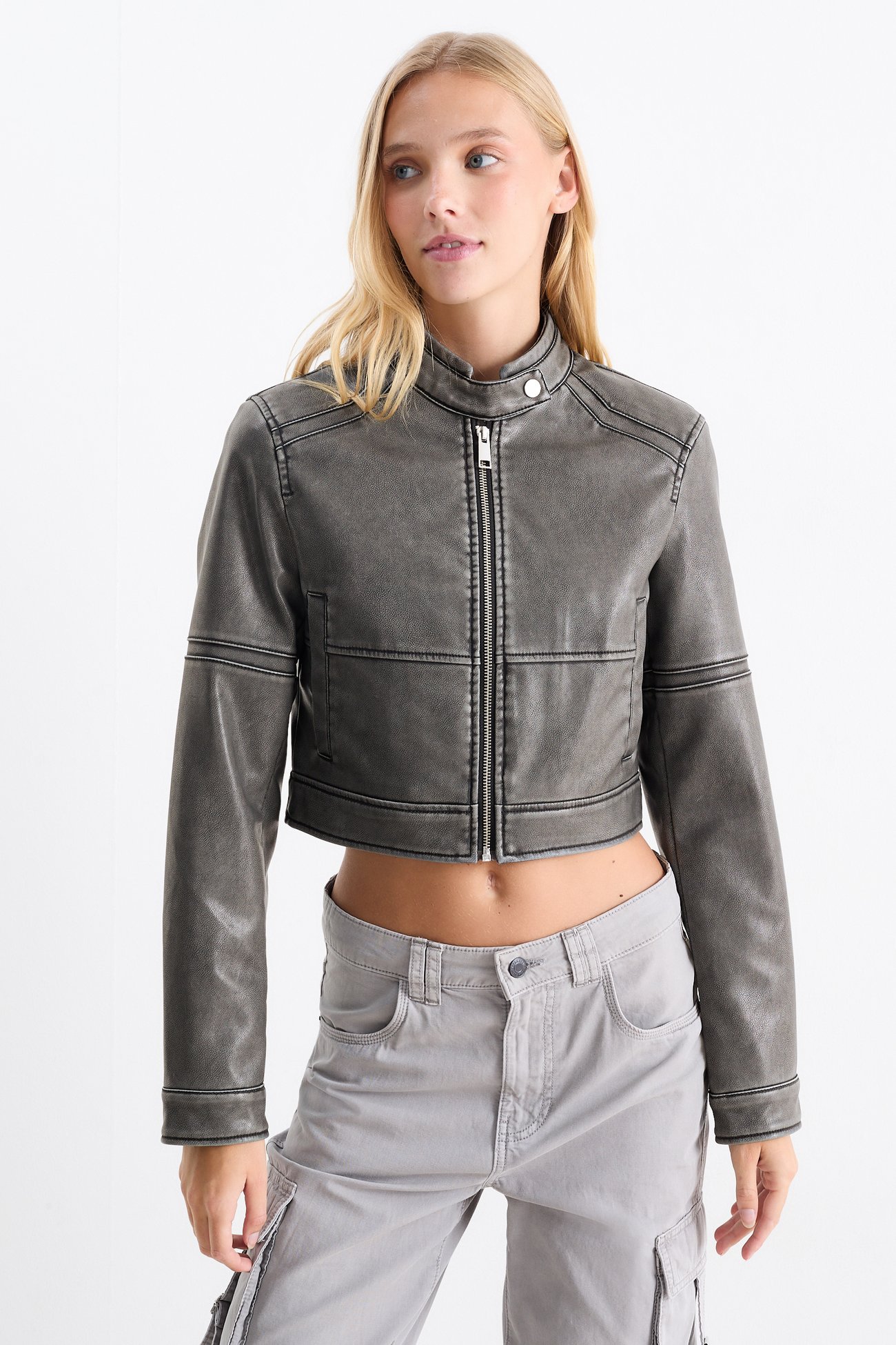 Crop Bikerjacke - Lederimitat