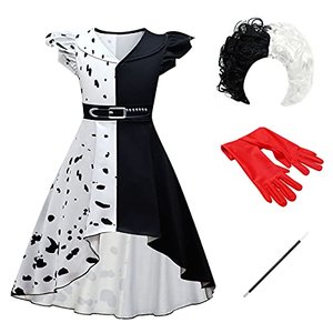 FYMNSI Mädchen Cruella Deville Kostüm Kinder Cruella de Vil Cosplay Schwarz Weiß Vokuhila Gepunktet 