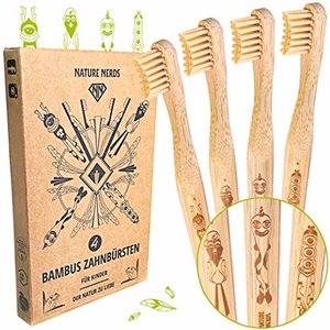 Nature Nerds - kleine Bambus-Zahnbürsten für Kinder (4er Pack) / aus nachhaltig angebautem Bambus/Ve
